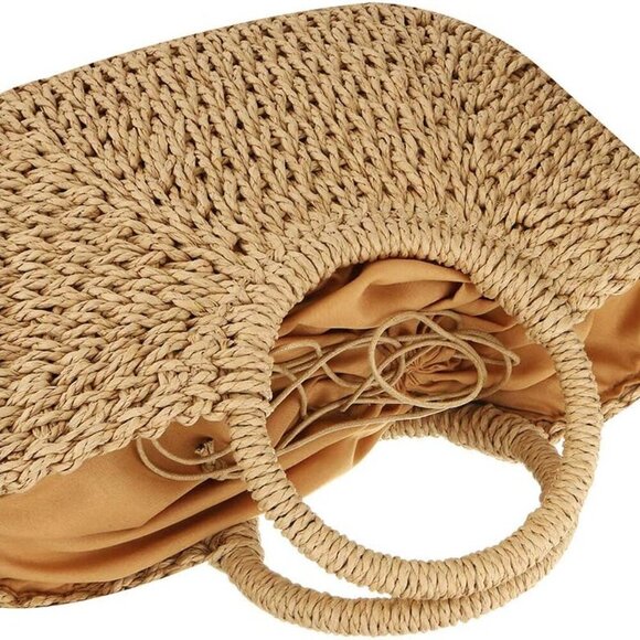 Natural Straw Round Handbag Summer Beach Bag Woven Handle Fashion Accessory - Picture 3 of 4